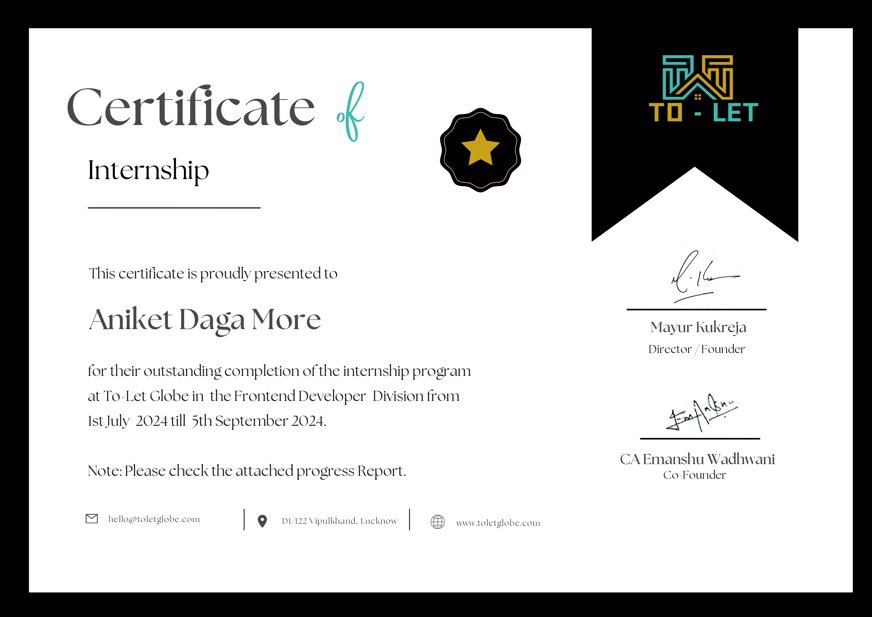 Frontend Developer Intern certificate